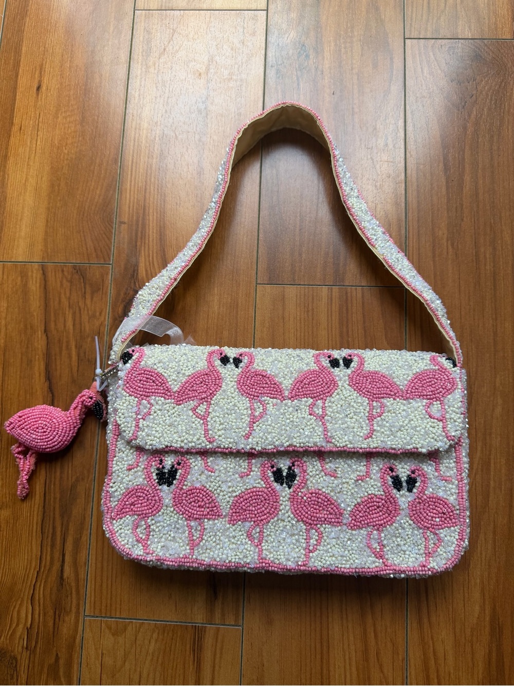 Pink Flamingo Beaded Shoulder Bag - Women's Beaded Crossbody - Picture 2 of 5